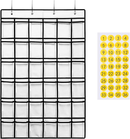 SAVERHO 36 Clear Pockets Classroom Pocket Chart for Cell Phones, Pocket Chart for Calculator Phone Holder with 36 Number Stickers and Hooks (White)