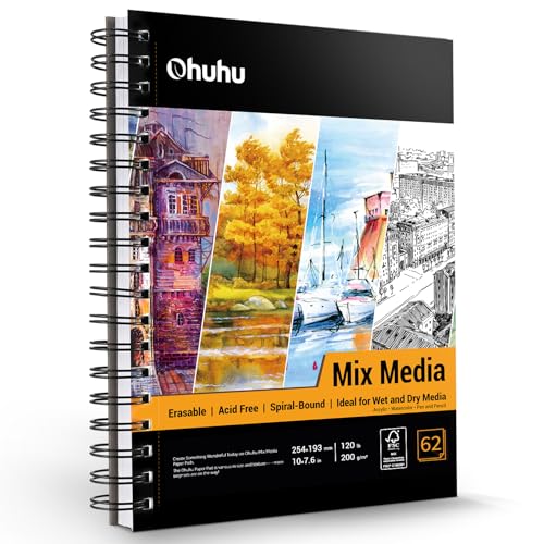 Ohuhu Mix Media Pad, 7" x 10" Mixed Media Art Sketchbook, 120 LB/200 GSM Heavyweight Papers, 62 Sheets/124 Pages, Spiral Bound Mixed Media Paper Pad for Acrylic, Painting Christmas Gift