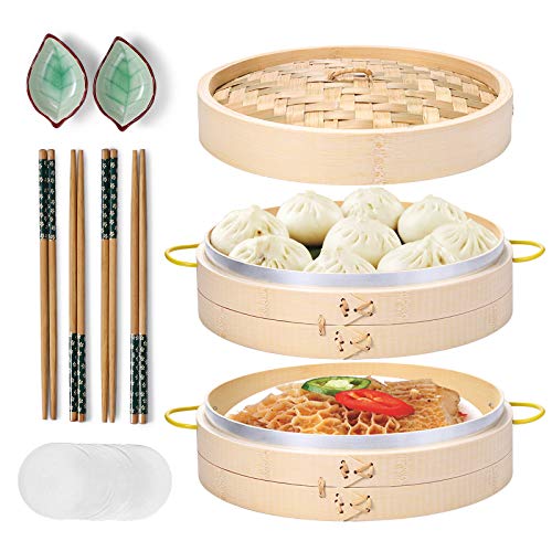 MacaRio 10 Inch Bamboo Steamer Basket Set Dumpling Steamer for Cooking