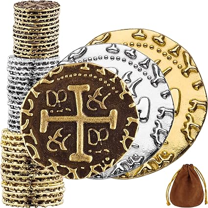 Large Pirate Coins - 36 Bronze, Silver & Gold Treasure Coin Set - Metal Replica Spanish Doubloons for Pirate Party Decorations & Favors, Tokens, Cosplay - Pirate Treasure Chest - Mixed Sizes