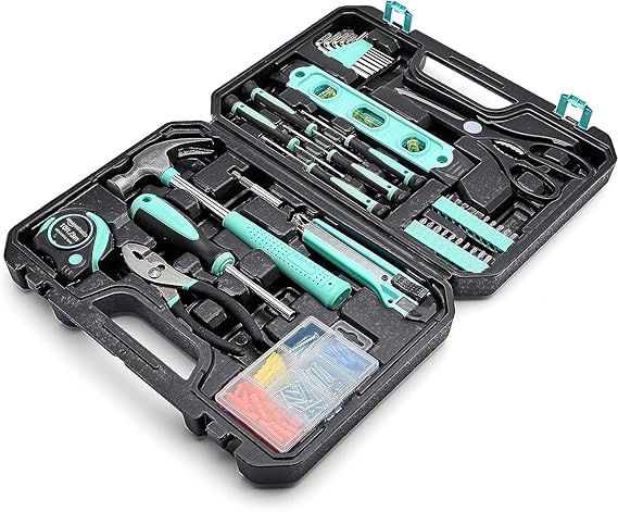 Amazon Basics 142-Piece Household Tool Kit for Home Repair, Hand Tools with Storage Case, 13.39 x 9.25 x 2.95 inch, Turquoise