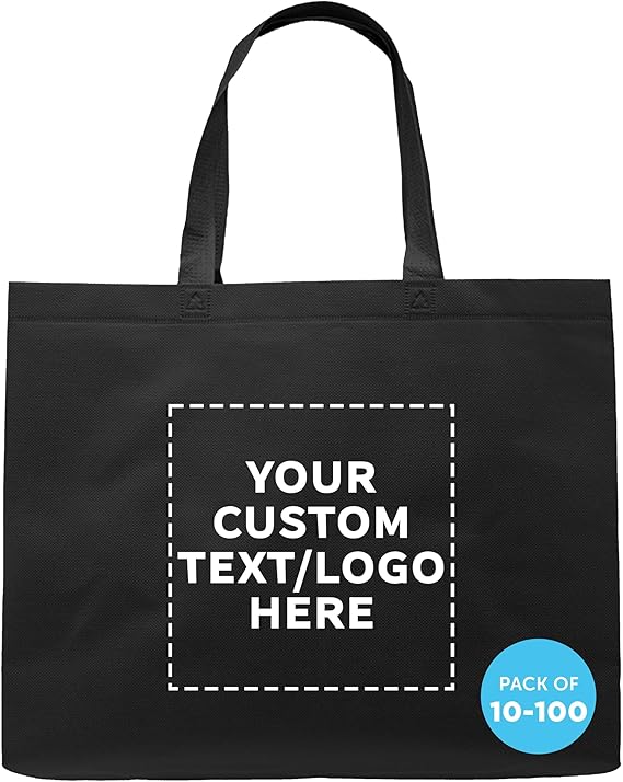 DISCOUNT PROMOS Custom Jumbo Sized Tote Bags Set of 10/50/100, Personalized Bulk Pack - Reusable Grocery Bags, Shopping Bags, Promotional Item Totes for Women - Black