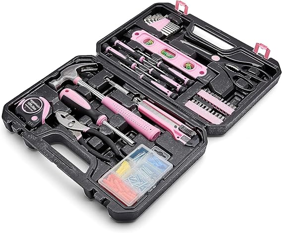 Amazon Basics 142-Piece Household Tool Kit for Home Repair, Hand Tools with Storage Case, 13.39 x 9.25 x 2.95 inch, Pink