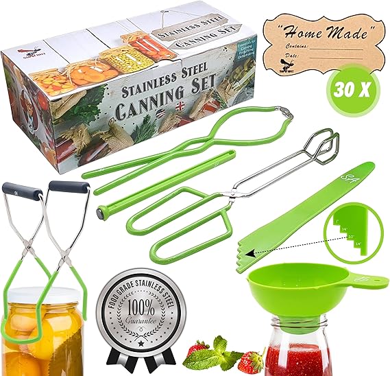 Supa Ant Canning Supplies - USA Assembled & Certified Food Grade Stainless Steel Starter Set Canning Kit for Beginners - Wide Kitchen Funnel, Jar Lifter and Wrench, Bubble Popper/Measurer, Lid Lifter