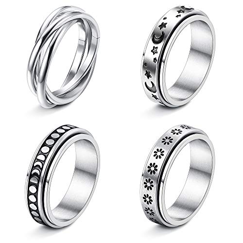 FUNRUN JEWELRY 4Pcs Stainless Steel Fidget Anxiety Ring for Women Men Fidget Spinner Rings Moon Star Celtic Stress Relieving Spinning Ring Wedding Band Rings Set Size 8