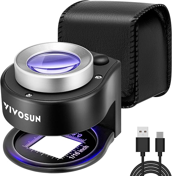 VIVOSUN 30X Rechargeable Loupe Magnifier with White LED Light and UV Light, Portable Magnifying Glass with Optical Glass Lens & Scale for Jewelry, Textile, Gems, Stamps, Coins and Plants