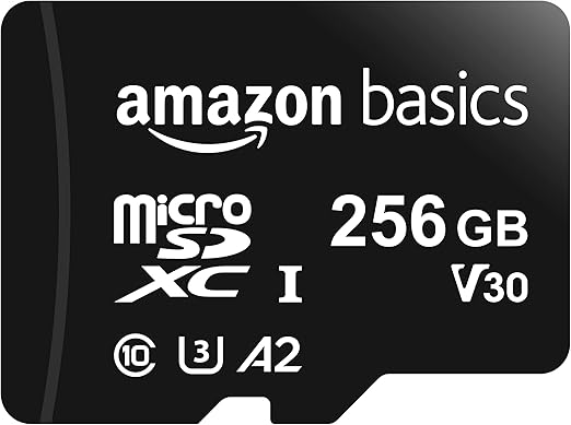 Amazon Basics microSDXC Memory Card with Full Size Adapter, A2, U3, Read Speed up to 100 MB/s, 256GB, Black
