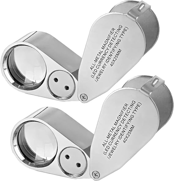 2 Pack 40X Metal Illuminated Jewelry Loop Magnifier, Magnifying Glass with LED Light Pocket Folding Jewelers Loupe for Currency Detecting Jewlers Identifying Type Lupe