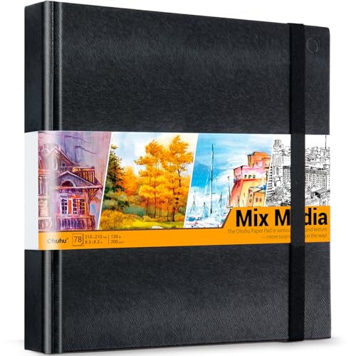 Ohuhu Mixed Media Pad - 8.3" x 8.3" Square Mix Media Sketchbook, 120 lb/200 gsm Heavyweight Papers, 78 Sheets/156 Pages, PU Hardcover Multi-Media Paper Pad for Acrylic Painting Christmas Gift