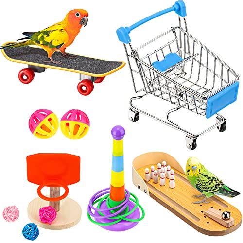 Skylety 10 Pcs Bird Toys Parrot Training Toys Intelligence Accessories | Parakeet Conure Bird Toy, Include Bowling Basketball Toy Rings Shopping Cart Skateboard Bell Ball, for Cockatiel Macaw