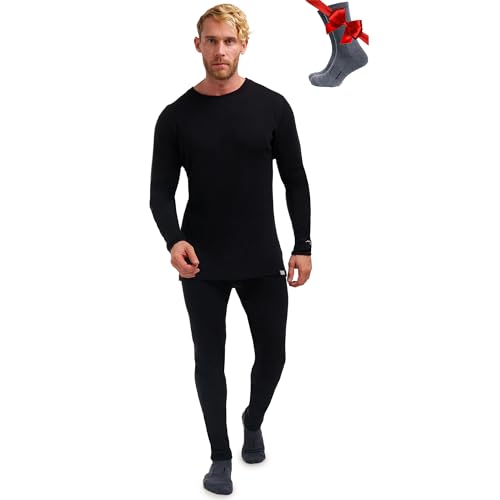 100% Merino Wool Base Layer Men Set - Thermal Underwear for Men Long Johns (Large, 250 Black)