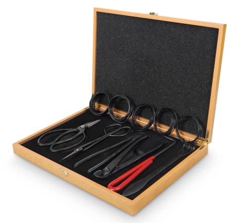 SOLIGT 12-Piece Bonsai Tools Set With Wood Box, Gift For Men Women | Heavy Duty Pruning Shear, Butterfly Shear, Concave Cutter, Wire Cutter And 5 Wire Rolls For Bonsai Pruning, Shaping And Care