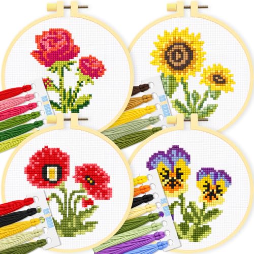Stamped Cross Stitch Kits for Beginners Adults, Rose Poppy Pansy Sunflower | Stamped cross stitch kits for adults, 4 flower designs, rose, poppy, pansy, sunflower, 6in hoop, thread, needles