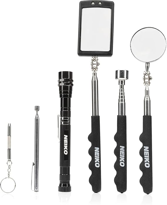 NEIKO 20736A (6) Piece Set, Magnetic Tool & Telescoping Mirror Set, Adjustable Telescoping Magnetic Pickup Tool, Flashlight 15lb Retriever Tool, 360 Swivel, Magnet Mirror, Magnetic Tools for Mechanic