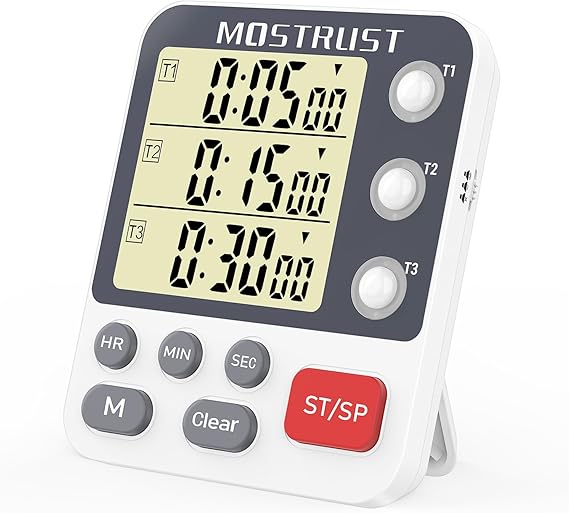 Digital Dual Kitchen Timer, 3 Channels Countdown Triple Timer for Cooking, Magnetic Memory-Preset Large Display Adjustable Alarm Volume, Multi Times Management, 3A Battery Included, White