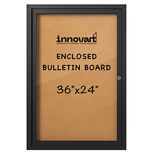 INNOVART Enclosed Bulletin Board 36”x24”, Lockable Cork Noticeboard with Black Aluminum Frame, Outdoor Enclosed Bulletin Board Weatherproof, Wall Display Case with Swing-Open Door Information Cabinet