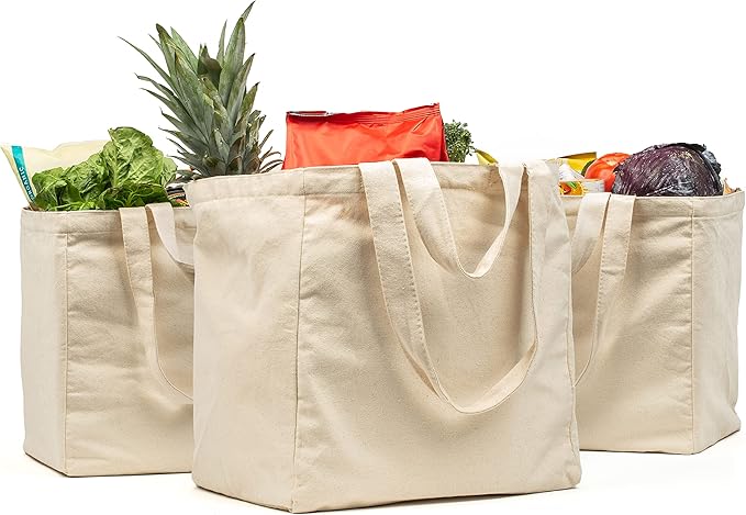 VeraMia Canvas Grocery Bag 3pc XL Set with Real Pockets, Long Shoulder Strap and Short Handle. Heavy Duty, Foldable, Washable