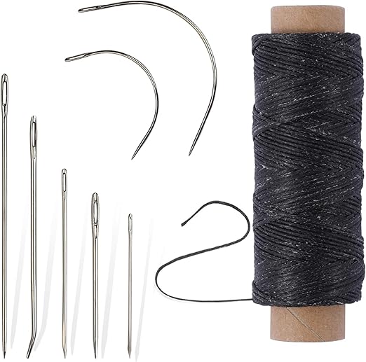 55Yards Waxed Thread with 7 Pcs Leather Needles for Hand Sewing 150D Flat Sewing Waxed Thread Leather Repair Needles for Women Sewing Upholstery Leather Canvas Bags Sofa Furniture