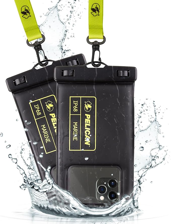 Pelican 2 Pack Marine - IP68 Waterproof Phone Pouch (Regular Size) Floating Waterproof Phone Case - Beach Cruise Ship Travel Essentials - Works w/All Phones - Detachable Lanyard - Black/Hi-Vis Yellow