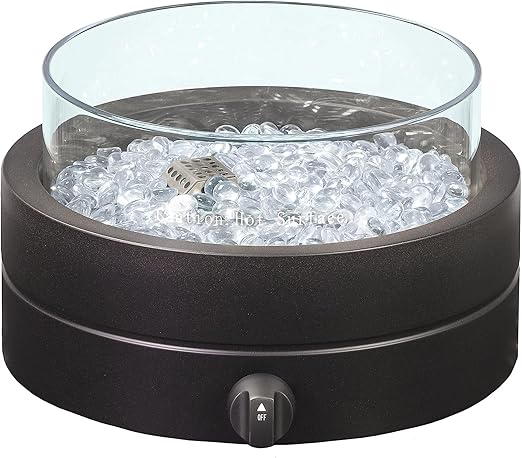 Amazon Basics 14-Inch Round Propane Fire Pit, 9000 BTU Portable Tabletop Fireplace with Glass Stones, Umbrella Hole Compatible for Outdoor Patio Tables, Gas Fire Pit for Dining, Brown