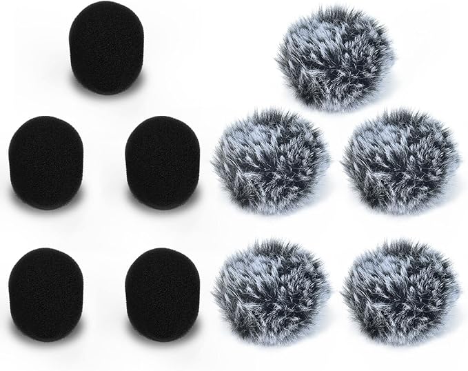 Cubilux Furry Windscreen & Foam Cover Set for Lavalier Lapel Microphone, Muff Windshield Windjammer Deadcat， Wind Muff & Dead Cat Set for Mini Clip-On Lav MIC, 5-Pack of Each