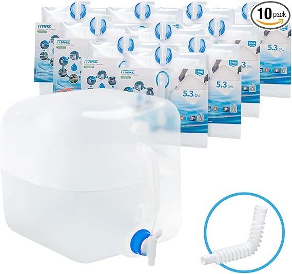 Collapsible Water Jug, 10 Packs 5.3 Gallon BPA Free Camping Water Container with Spigot, Portable Water Storage Carrier for Emergency Survival Hiking Backpacking Outdoors - Food Grade LDPE