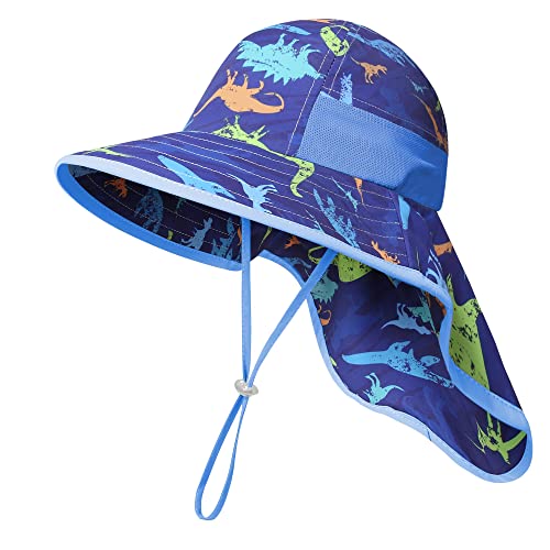 icolor Kids Sun Hat UPF50+ Sun Protection Bucket Hat Toddler UV Protection Summer Travel Beach Play Hats with Neck Flap for Girl Boy Ages 3~10 (Littledinosaur)