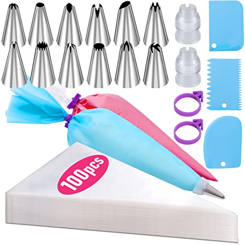 Piping Bags and Tips Set, 100Pcs 12 Inch Pastry Bags, Icing Bags Disposable | Cakes Decorating Kit Supplies with 1 Reusable Piping Bags 1 Couplers 12 Frosting Tips 2 Bag Ties 3 Cake Scraper