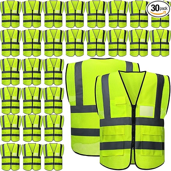 JaGely 30 Pack Reflective Safety Vests with Pockets, High Visibility Mesh Construction Vest for Men Women, Neon Yellow, Size L