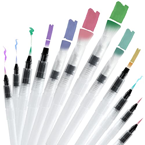 Junreox 12Pcs Watercolor Brush Pens, Premium Leakproof Water Brush Pen with 6 Assorted Tips for Aquarelle, Gouache, Acrylics, Refillable Paint Pens, Arts Value Set