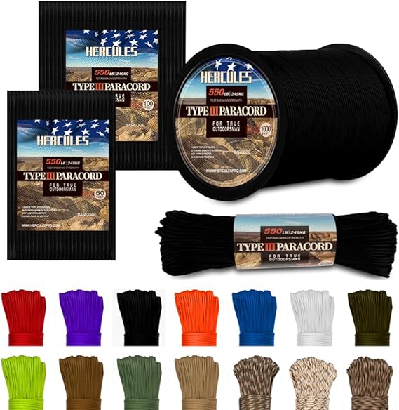HERCULES Type III Paracord 550 Rope Parachute Cord, 100' Black for Survival Rope, Survival Cord