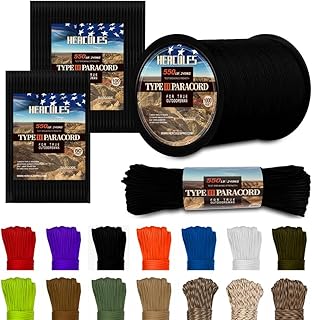 HERCULES Type III Paracord 550 Paracord Rope Parachute Cord, 50' Black for Survival Rope, Survival Cord