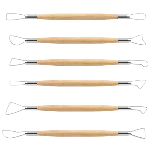 Suiwotin 6pcs Double-Sided Clay Sculpting Tools, Wooden Handle Ribbon Clay Tools, Pottery Trimming Tool, Clay Wire Loop Sculpture Set for Ceramic, Wax Carving Modeling