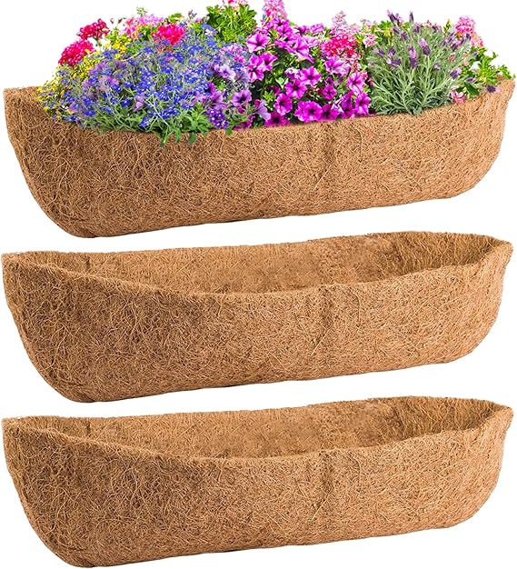 36in Coco Liners for Window Planter Box - 3 Pack 100% Natural Coconut Coir Fiber Liner Replacement for Deck Flower Box, Garden Railing Fence Trough, Wall Planter Basket, Vegetables Pot