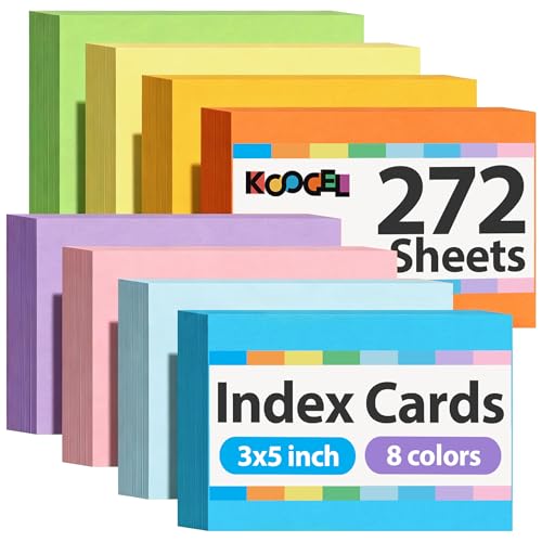 Koogel Index Cards 3x5 Inch, 272Count, Colored Flash Card for Studying, Heavy Weight Notecard Note Taking for School Students College Office Teachers, Home, Supplies, Blank, 8 Assorted Colors