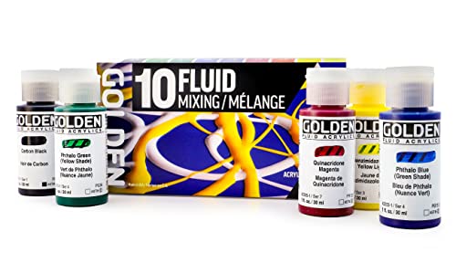 GOLDEN Fluid Acrylics, Fluid Mixing Set, 10 Color, 1 fl. oz. Bottles, Professional Acrylic Paint