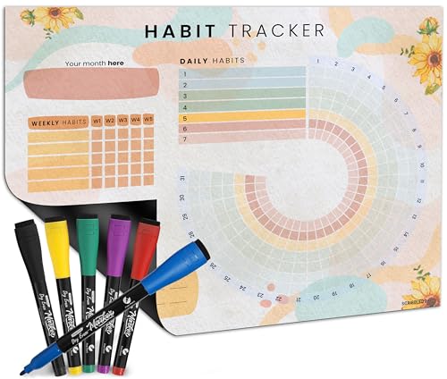 Habit Tracker Journal Workout Motivation Fridge Calendar Dry Erase 13” X 17” Magnet Health Fitness Goal Tracker Goals Board - With Shopping Grocery List - 6 Markers Included