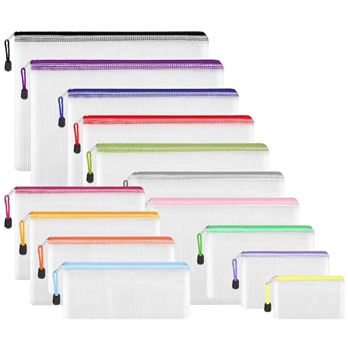EOOUT 14pcs Zip Pouch Organizers, Mesh Bags with Zipper, 8 Sizes 14 Colors, Waterproof, for Travel, School, Office & Home