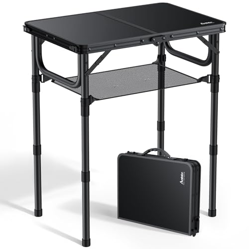 Anbte Folding Camping Table with Storage Net, Pure Black Aluminum 2ft Picnic Table 23.2" x 16" Outdoor Table Adjustable Height Max 27.5", Lightweight, Waterproof, Portable Handle for Travel Cooking