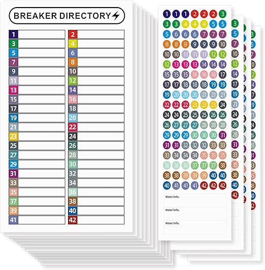 16 Sheets Breaker Panel Labels Electrical Box Sticker Numbers Breaker Panel Labels Electrical Sticker Number Catalog Load Center Adhesive Waterproof Reusable（Mix Colors）
