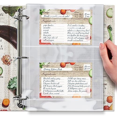 50 Pockets Full Size 4x6 for 8.5x11 (Pack of 25) Recipe Card Protectors Top-Loading Crystal Clear Recipe Card Sleeves with 2 Pockets for 3 Ring Binder, Plastic Index Card Protector for Cookbook