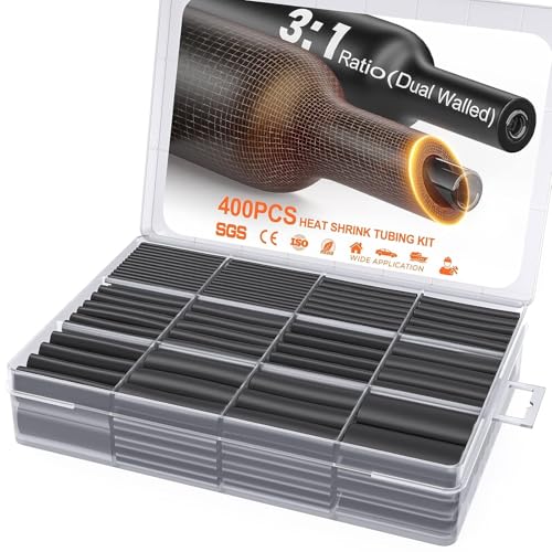 400Pcs Heat Shrink Tubing Kit, 3:1 Adhesive Lined Wire Shrink Wrap tubing | Marine Grade, Dual Wall, Industrial Waterproof Black Shrink Wrap Tubing, Wire Insulation, for Automotive, Electrical Repairs