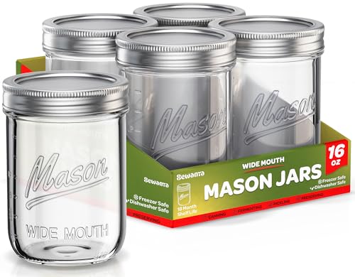 SEWANTA Wide Mouth Mason Jars 16 oz [18 Pack] With Mason Jar Lids and Bands, Mason Jars 16 oz - For Canning, Fermenting, Pickling - Jar Décor - Microwave/Dishwasher Safe.
