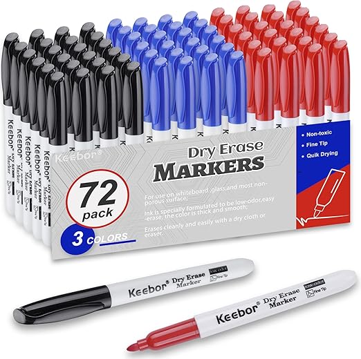 Keebor Dry Erase Markers Fine Tip, 3 Assorted Colors, 72 Pack Low-Odor Whiteboard Markers, Office Supplies