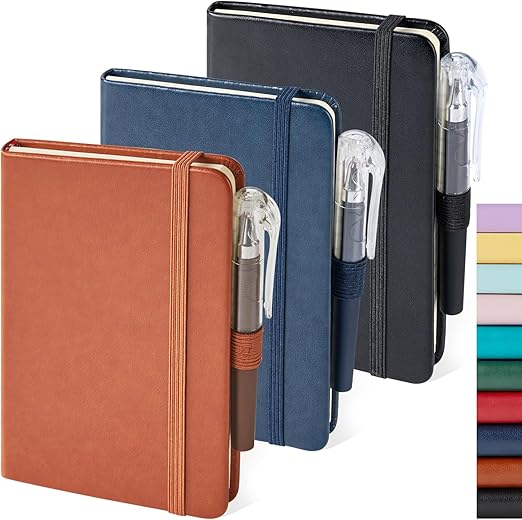 NIRMIRO 3 Pack Pocket Notebook Journals, Small Notepad Notebooks for Note Taking, A6 Mini Note pads with Pen Holder, 408 Lined Pages, 3.7" x 5.7", Black, Brown, Blue
