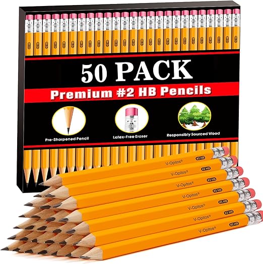 V-Opitos Wood-Cased #2 HB Pencils, 50 Pack Bulk Pre-Sharpened Yellow Pencils with Top Erasers, School Classroom Teacher Supplies, Writing, Drawing and Sketching