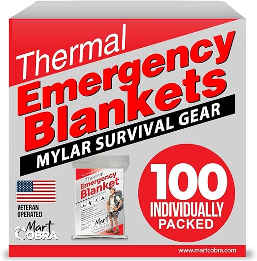 Mart Cobra Emergency Blanket 100-Pack | Reflective Thermal Blanket | Survival Gear | Lightweight Mylar Blankets | Retains 90% Body Heat | Essential for Camping, First Aid, Homeless Care Package Bulk
