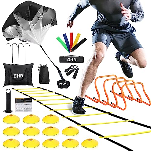 GHB Agility Ladder, Football Training Equipment Set | 4 Agility Hurdles, 20 feet 12 Rungs Speed Ladder,12 Disc Cones,Resistance Parachute, Jump Rope, 5 Resistance Bands
