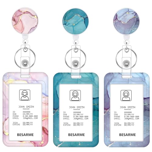 3 Pack Marble Retractable Badge Holder Set with Vertical ID Holder