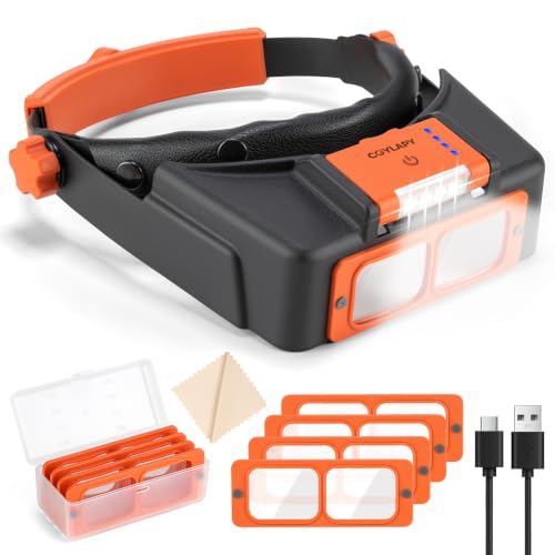 Headband Magnifier with Light, Rechargeable Magnifying Glasses for Close Work, 1.5X - 3.5X Magnify Headset with 4 Lenses, Jewelers Magnifying Glass Loupe Visor for Repair,Crafts, Hobby